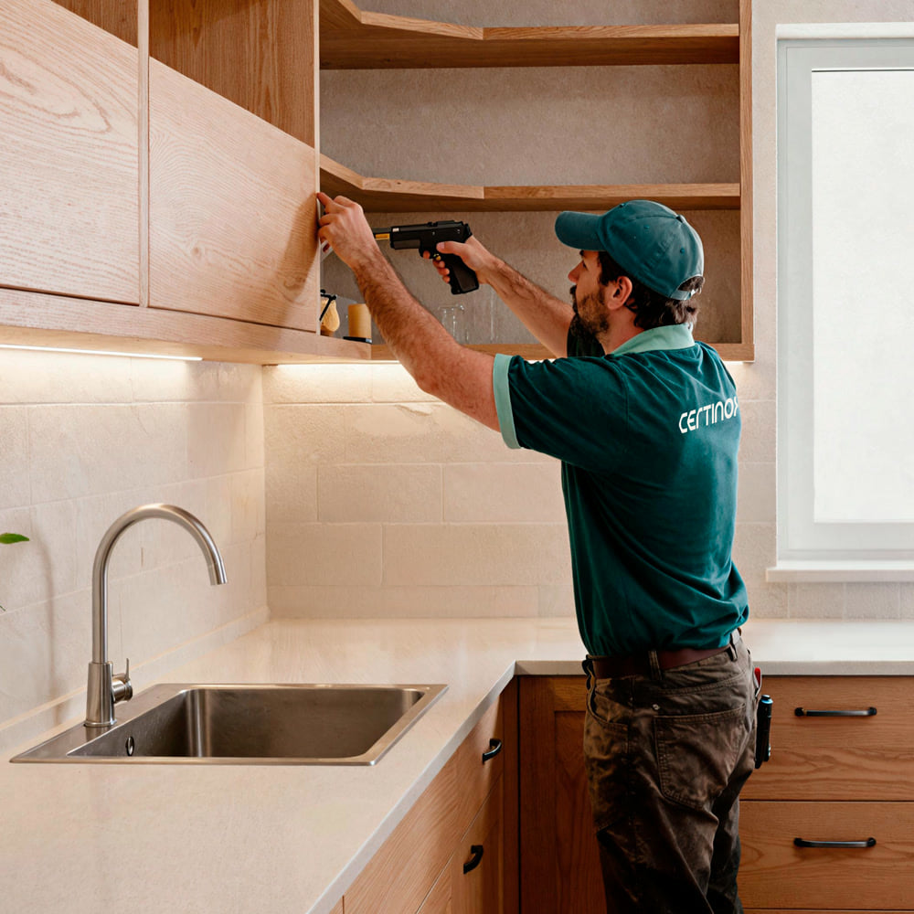 Certinox installer fitting an upper kitchen cabinet